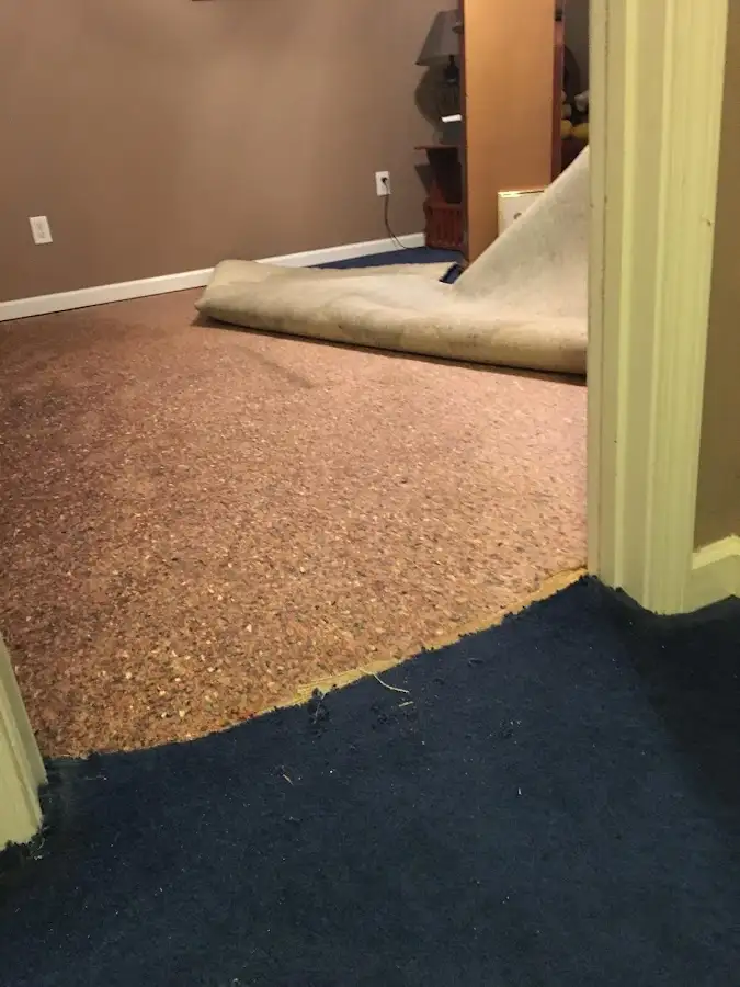Carpet pad removal revealing water damage during Water Mitigation Services in San Bruno